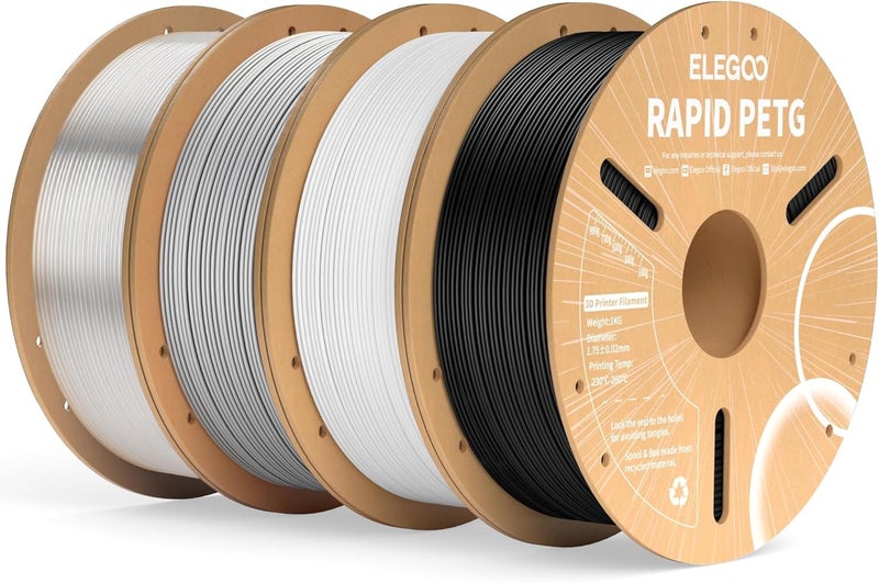 ELEGOO خيوط PETG سريعة 1.75 مم حزمة 4 كجم، سرعة عالية 600 مم/ث 3D طابعة خيوط دقة +/- 0.02 مم، بكرة كرتون 1 كجم (2.2 رطل) تناسب معظم طابعات FDM 3D (أسود، أبيض، رمادي، شفاف) - Image 1